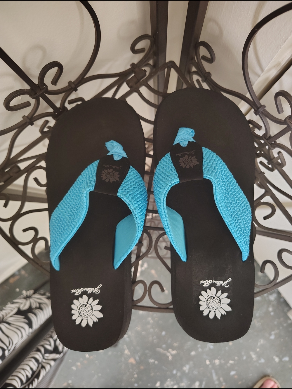 Yellow Box Black Sandals with Bright Turquoise Straps - Picture 3 of 3